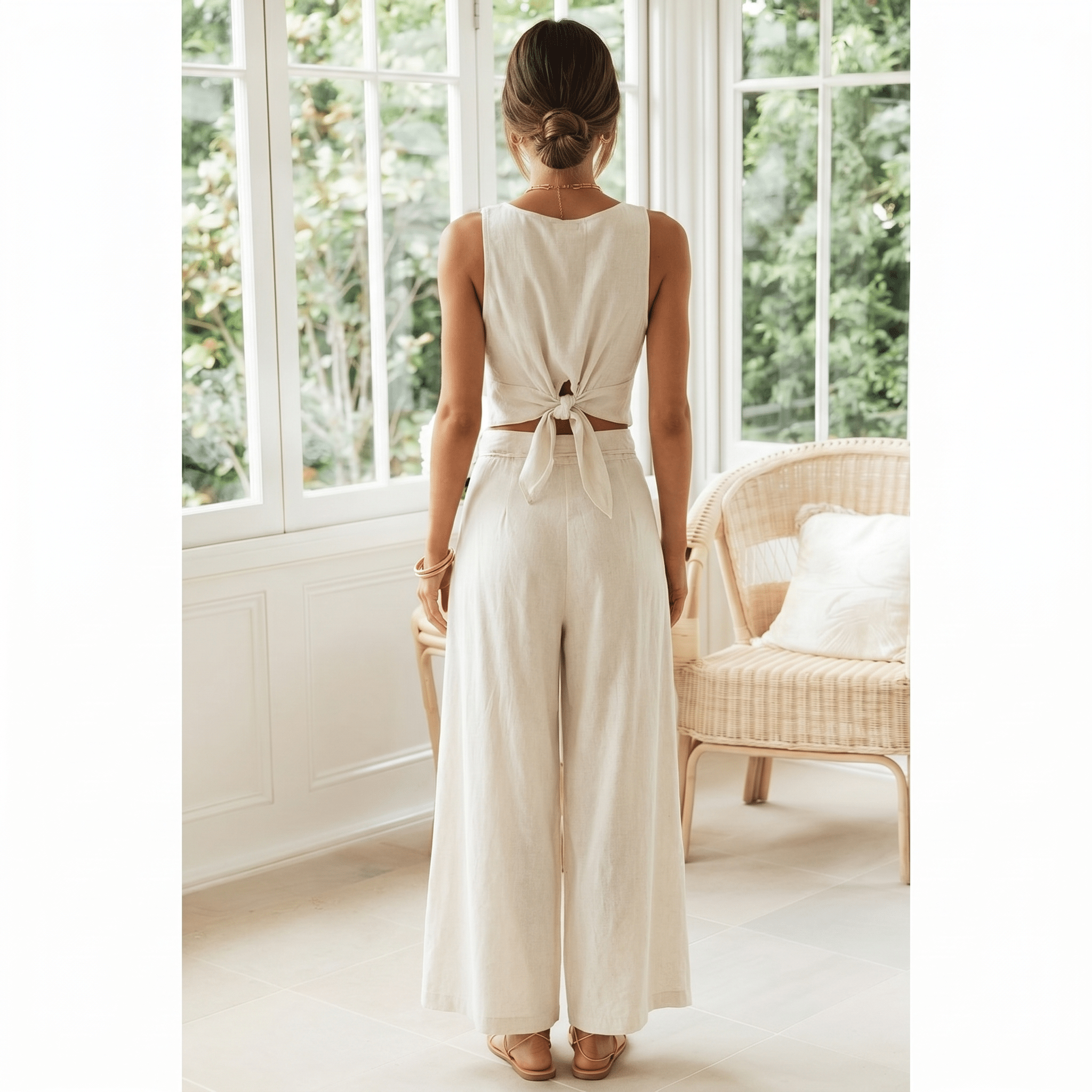 Two Piece Suit Women Sleeveless Strappy V Neck Top - Evergreen Outfits - Women Set