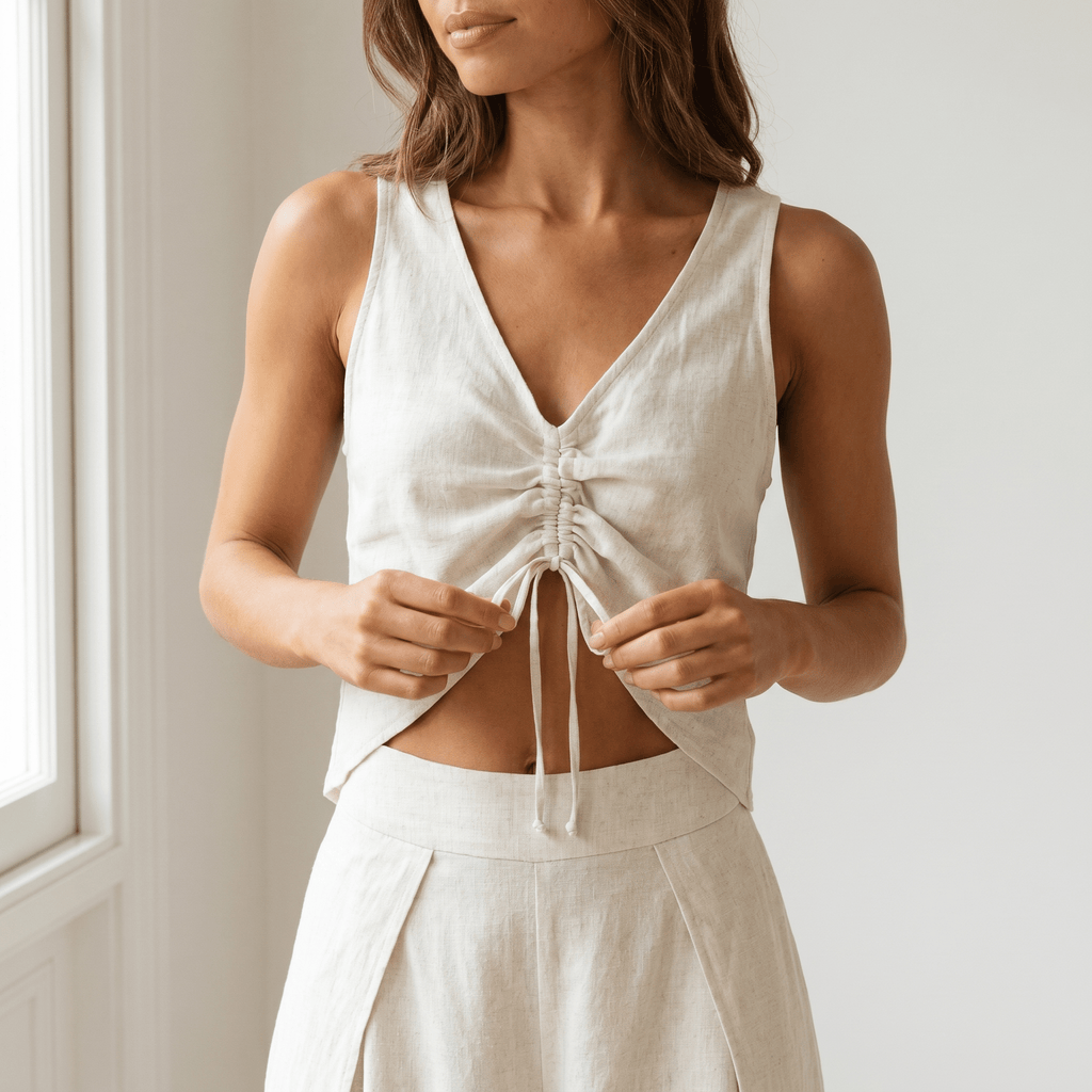 Two Piece Suit Women Sleeveless Strappy V Neck Top - Evergreen Outfits - Women Set