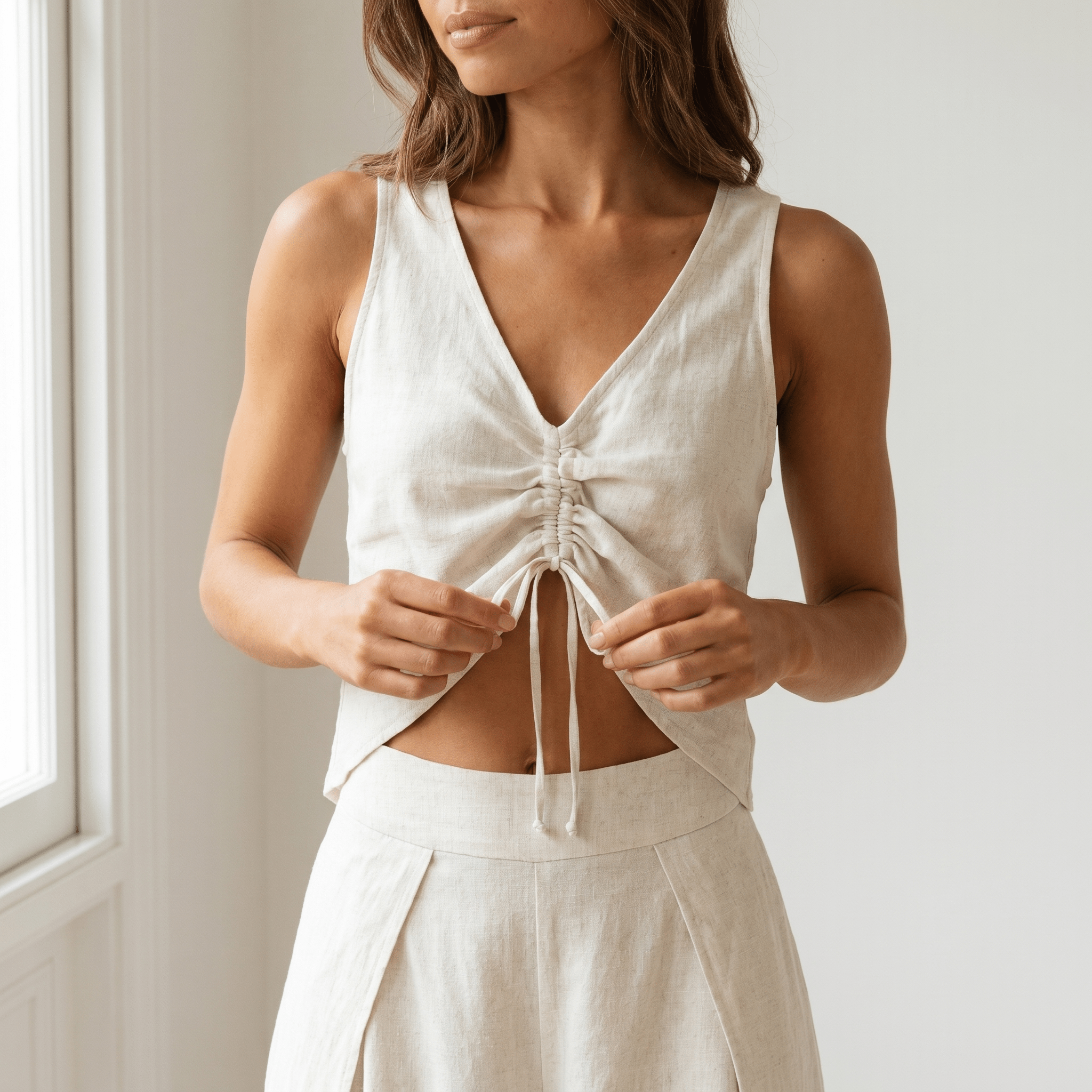 Two Piece Suit Women Sleeveless Strappy V Neck Top - Evergreen Outfits - Women Set
