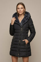 Women Puffer Jacket | Hooded Sherpa-Lined Mid-Length Zip