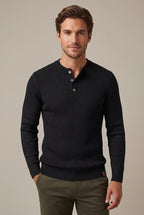 Men Sweater | Henley Neck Ribbed Knit Long Sleeve Fitted