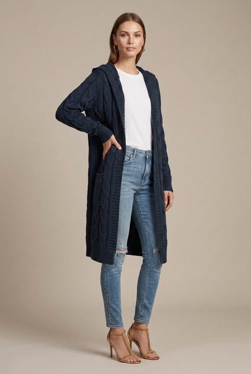 Women Cardigan | Cable Knit Hooded Open Front Long Length