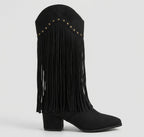 Women Boots | Knee-High Pointed Toe with Fringe and Stud Detail