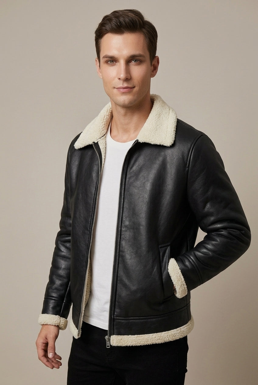 Men Jacket | Shearling-Lined Aviator with Zip Front Closure