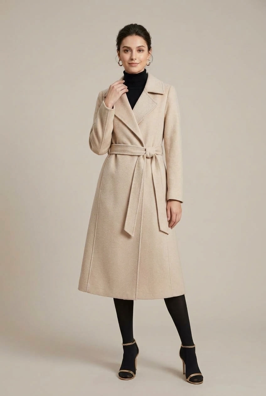 Women Coat | Belted Wrap Silhouette with Notch Lapel
