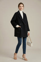 Women Coat | Double-Breasted Herringbone with Patch Pockets