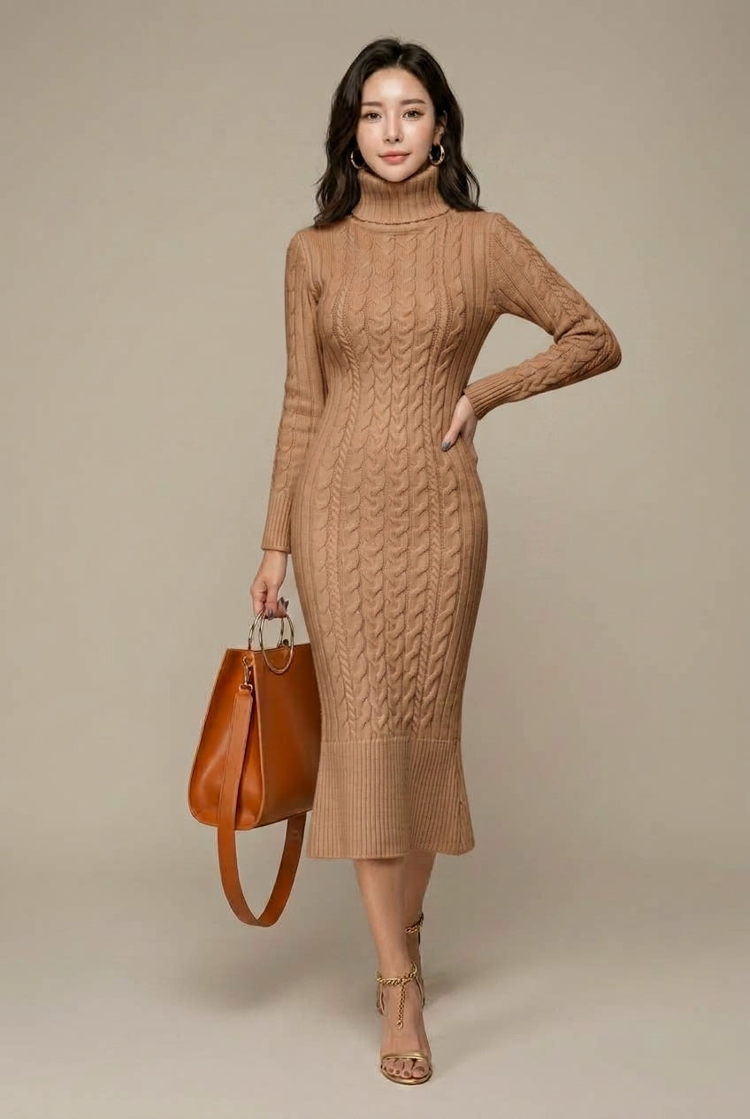 Women Dress | Cable Knit Turtleneck Bodycon Midi Length