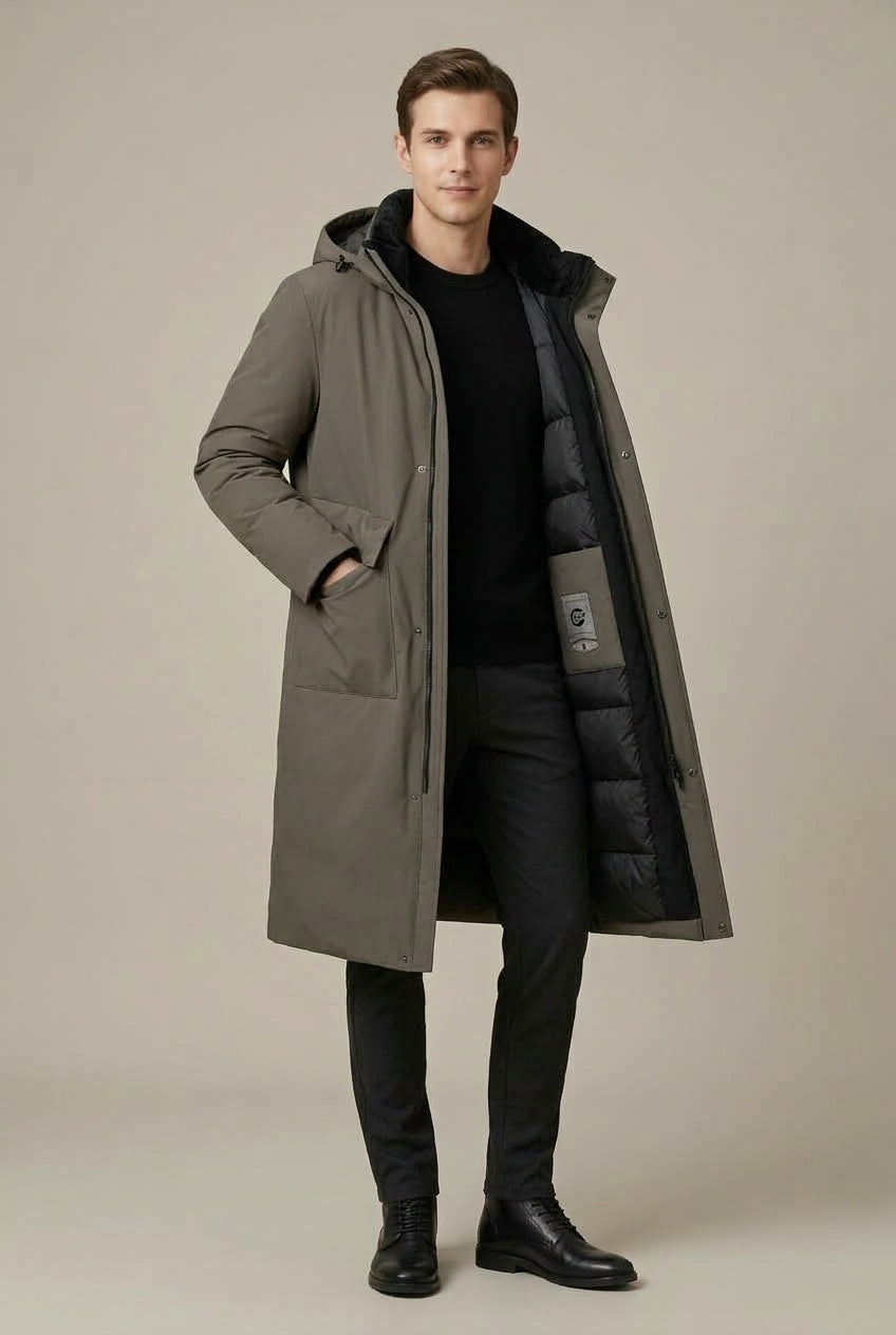 Men Coat | Longline Hooded Padded with Storm Flap Pockets