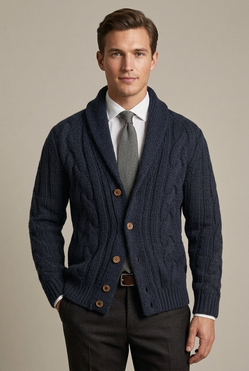 Men Cardigan | Shawl Collar Cable Knit Button-Front Regular Fit