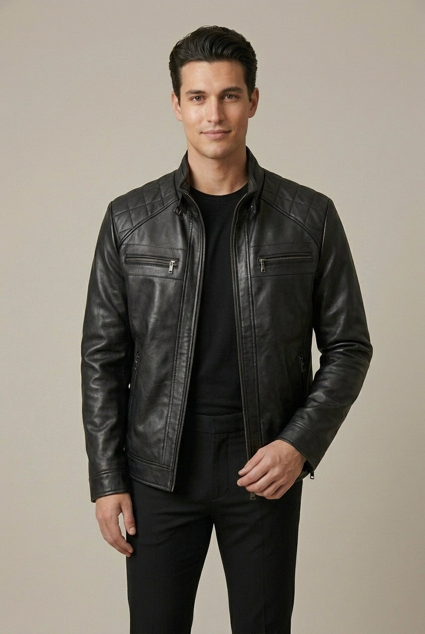 Men Jacket | Stand Collar Zip-Up with Quilted Shoulders