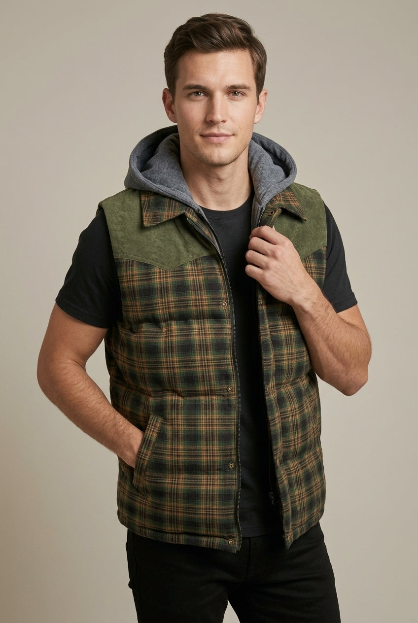 Men Cardigan | Quilted Hooded Vest with Plaid Colour Block