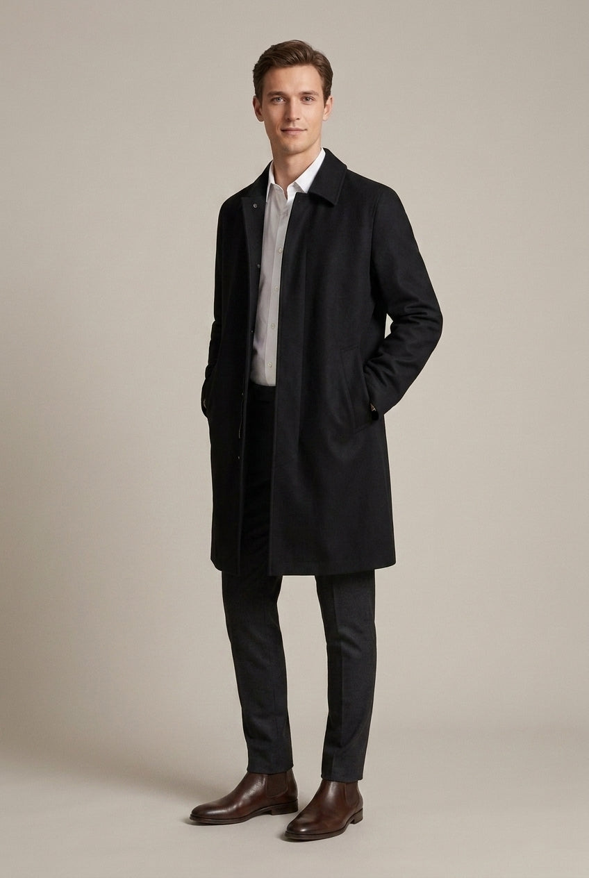 Men Coat | Button Front Spread Collar Below Knee Length