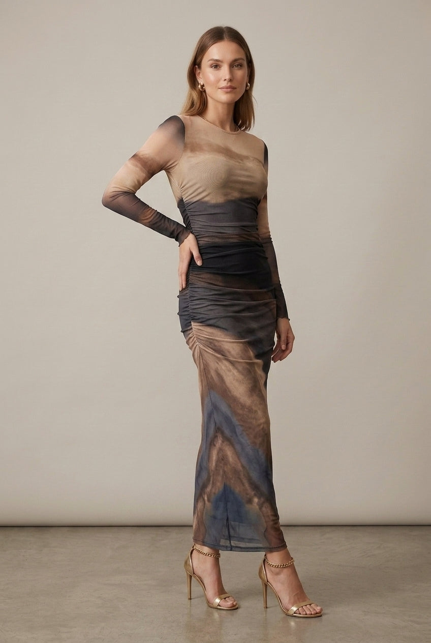 Women Dress | Bodycon Fit with Ruched Waist and Long Sleeves