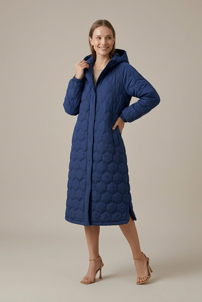 Women Coat | Relaxed Longline Fit with Plaid Hood Detail