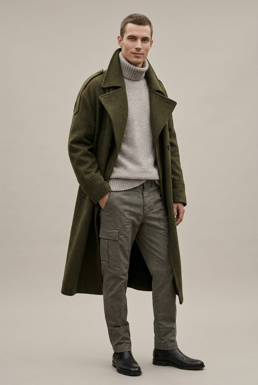 Men Coat | Double-Breasted Knee-Length with Notch Lapels