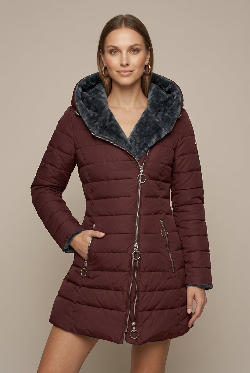 Women Puffer Jacket | Hooded Sherpa-Lined Mid-Length Zip