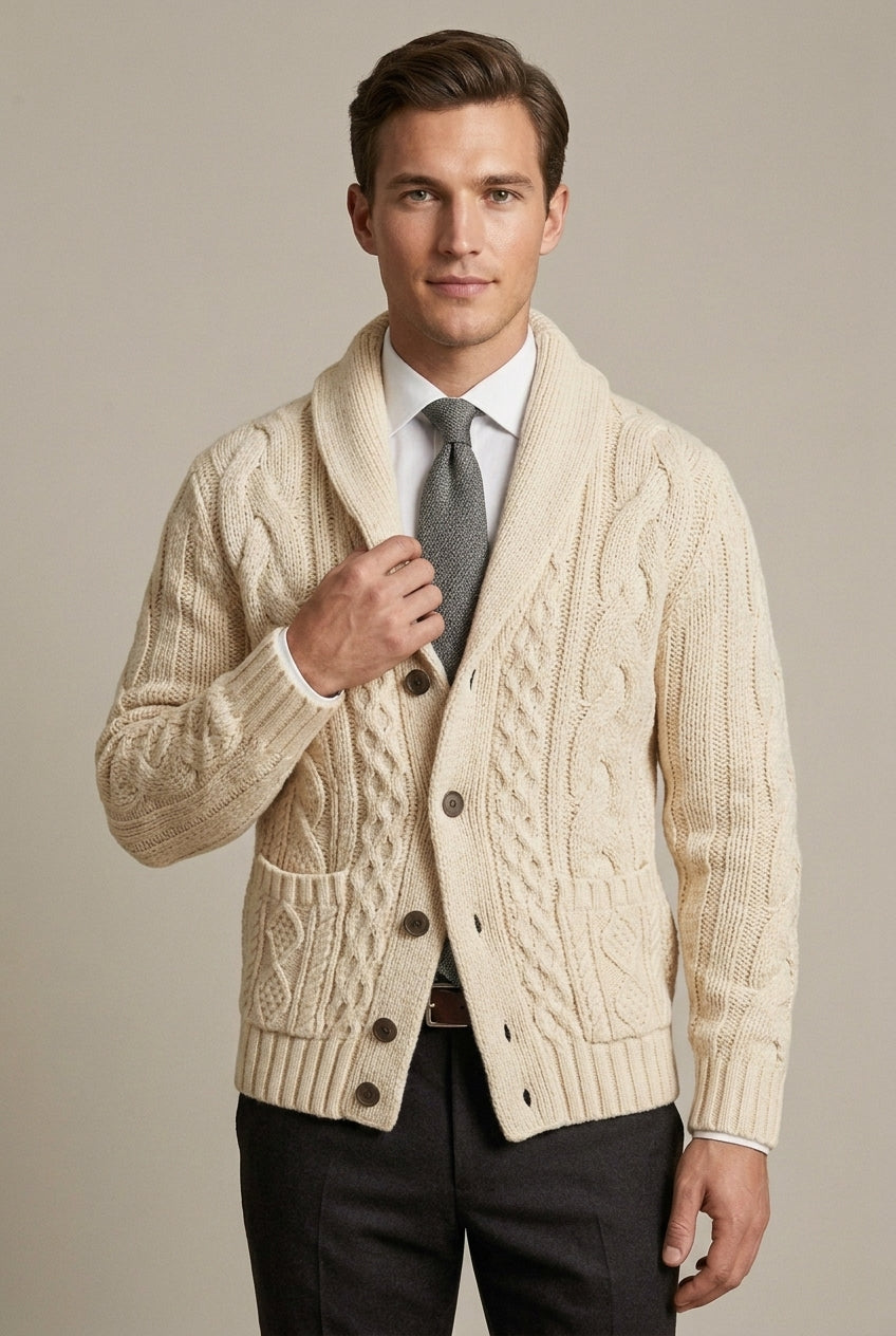 Men Cardigan | Shawl Collar Cable Knit Button-Front Regular Fit