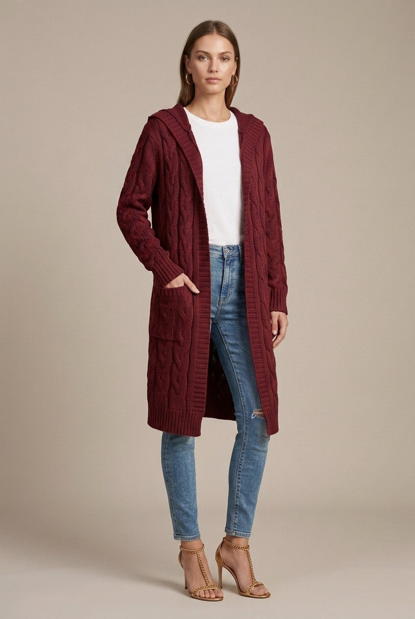 Women Cardigan | Cable Knit Hooded Open Front Long Length