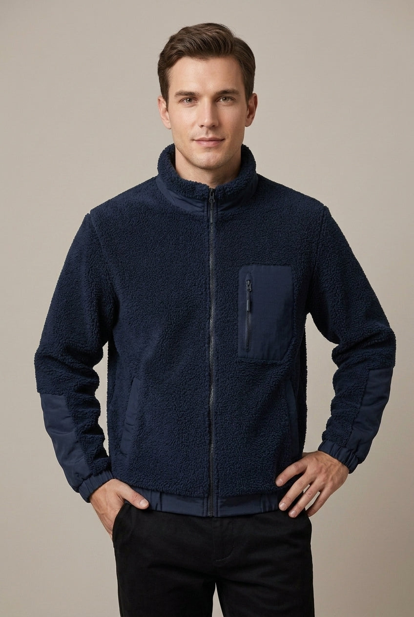 Men Jacket | Full Zip Sherpa Fleece with Contrast Sleeve Panels
