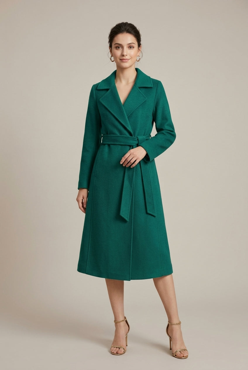 Women Coat | Belted Wrap Silhouette with Notch Lapel