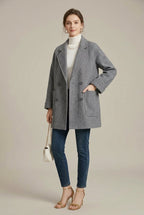 Women Coat | Double-Breasted Herringbone with Patch Pockets
