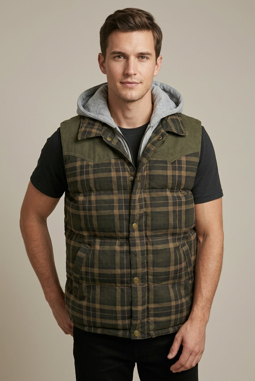 Men Cardigan | Quilted Hooded Vest with Plaid Colour Block