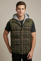 Men Cardigan | Quilted Hooded Vest with Plaid Colour Block