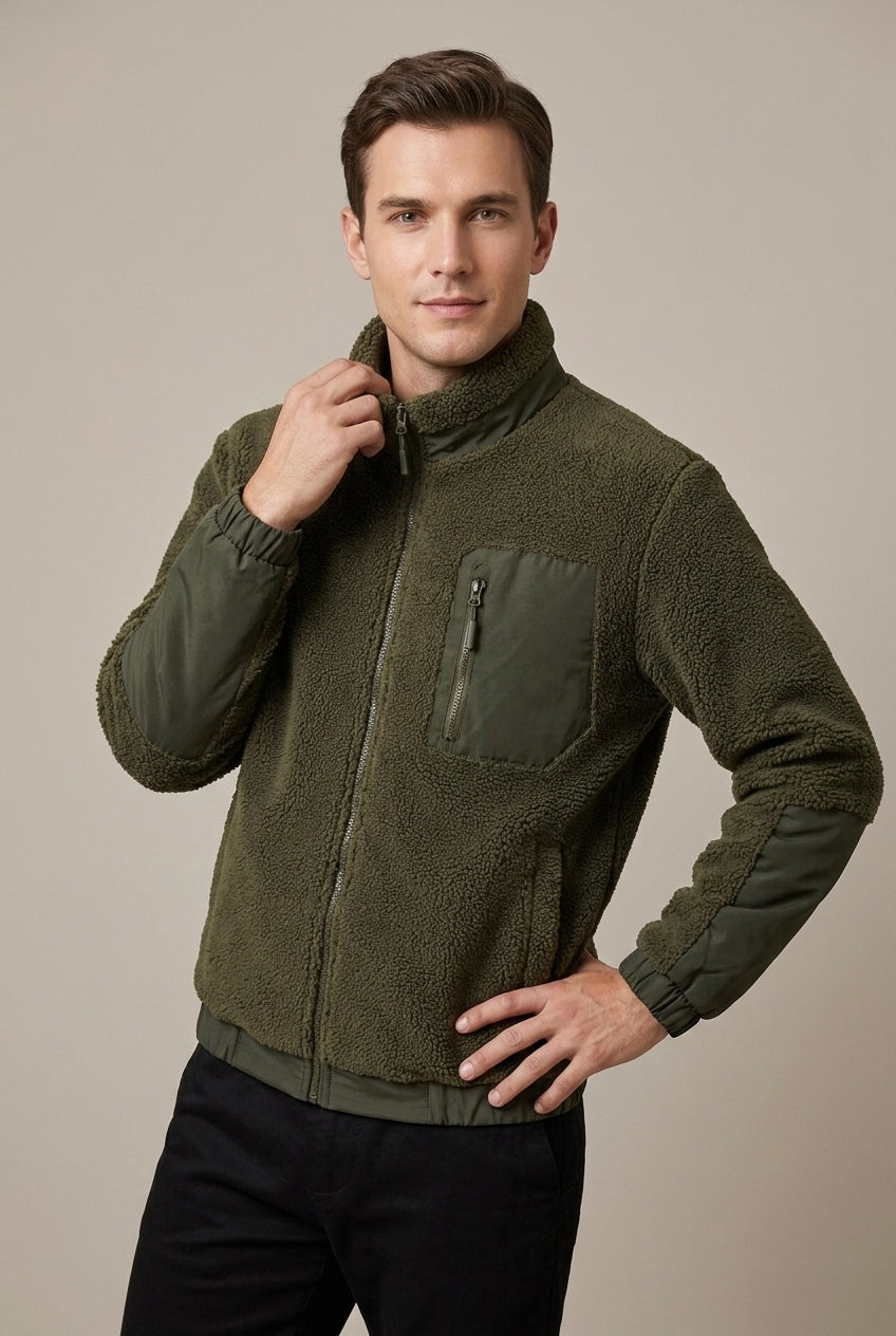 Men Jacket | Full Zip Sherpa Fleece with Contrast Sleeve Panels