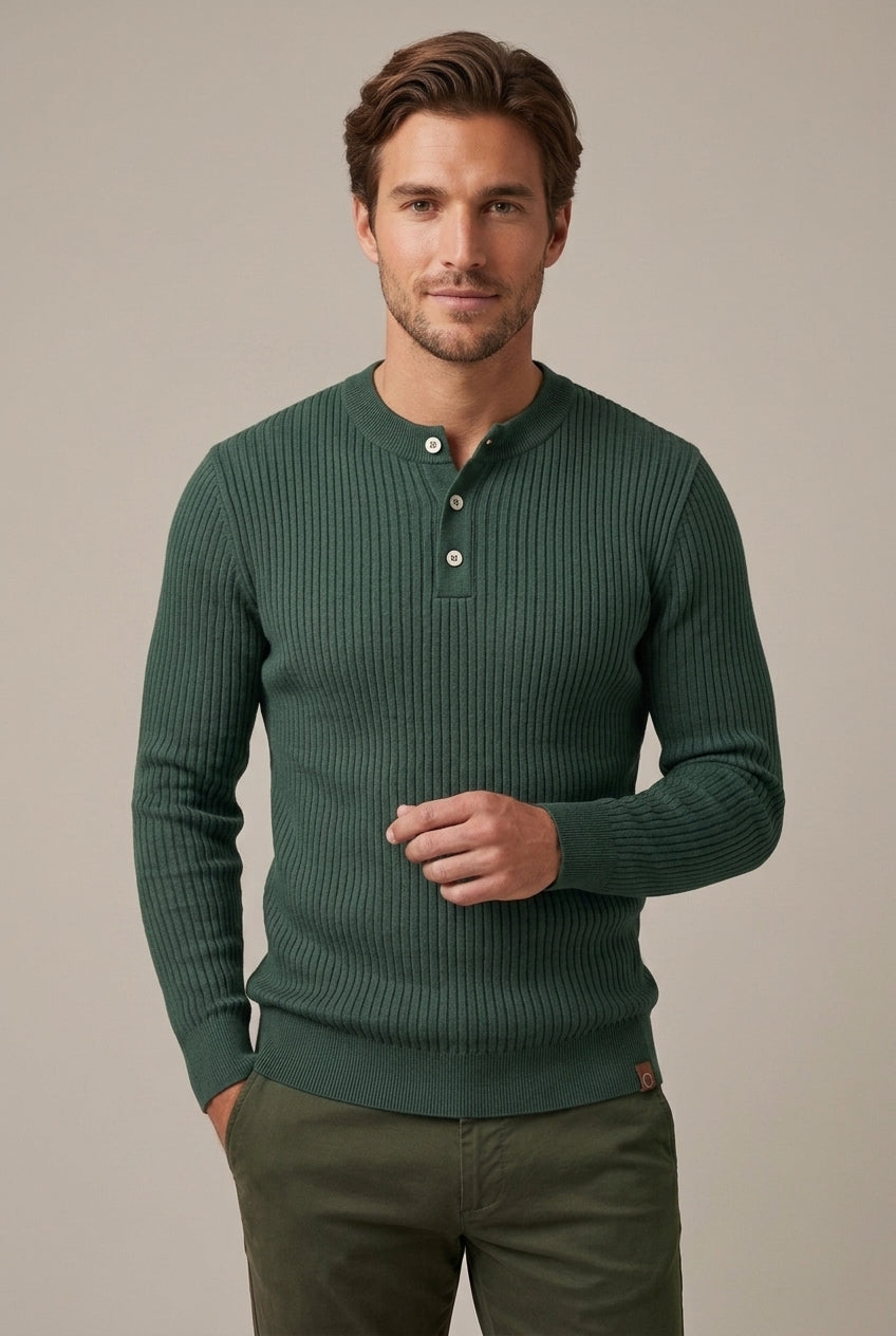 Men Sweater | Henley Neck Ribbed Knit Long Sleeve Fitted