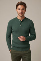 Men Sweater | Henley Neck Ribbed Knit Long Sleeve Fitted