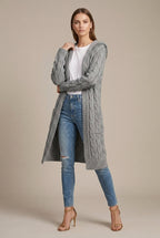 Women Cardigan | Cable Knit Hooded Open Front Long Length