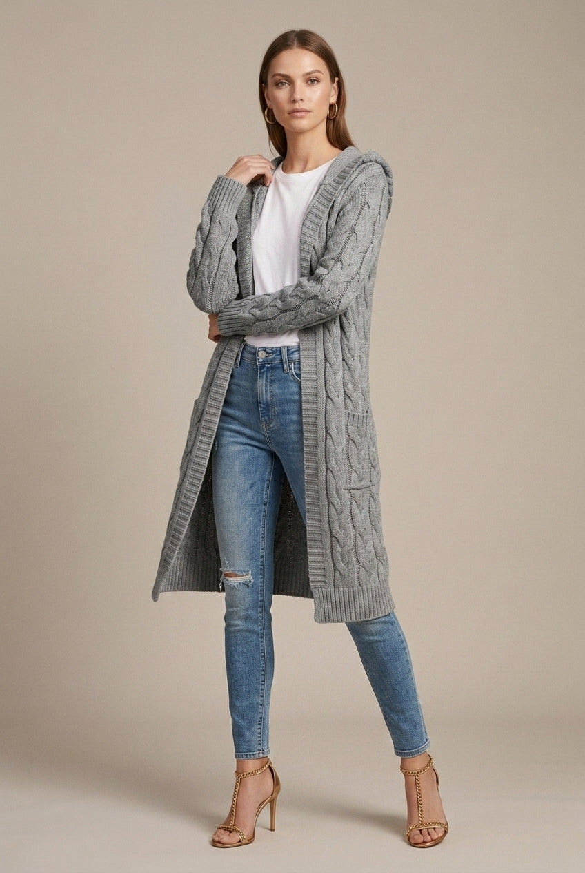 Women Cardigan | Cable Knit Hooded Open Front Long Length