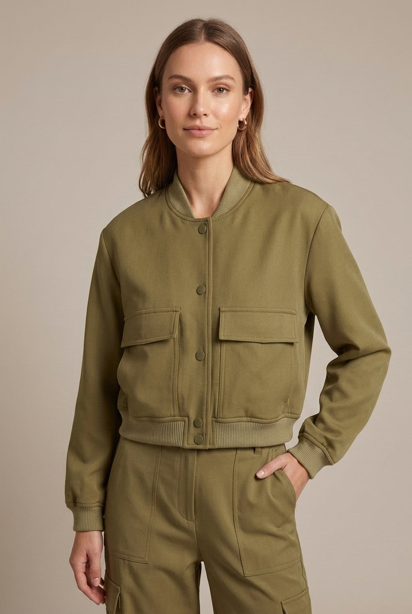 Women Jacket | Relaxed Fit Bomber with Button Front Closure