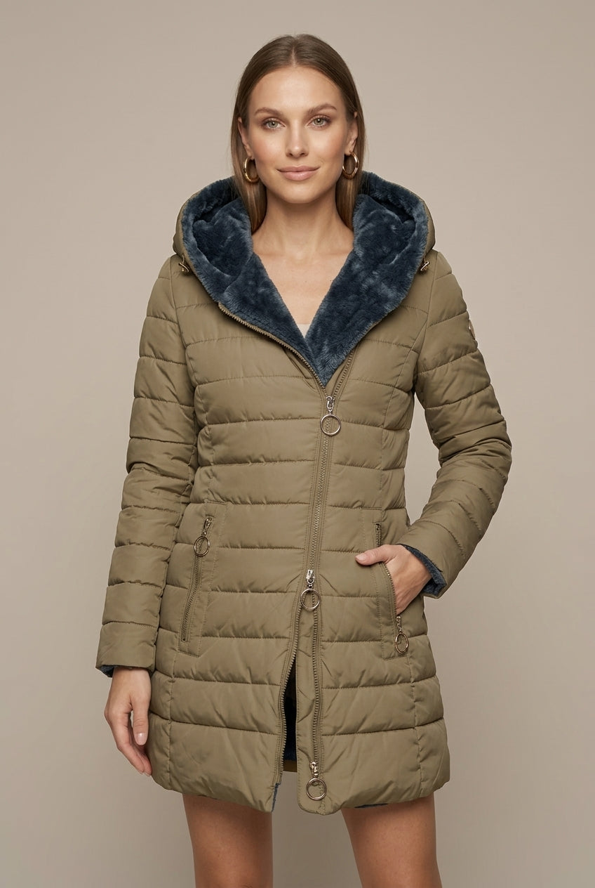 Women Puffer Jacket | Hooded Sherpa-Lined Mid-Length Zip