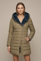 Women Puffer Jacket | Hooded Sherpa-Lined Mid-Length Zip