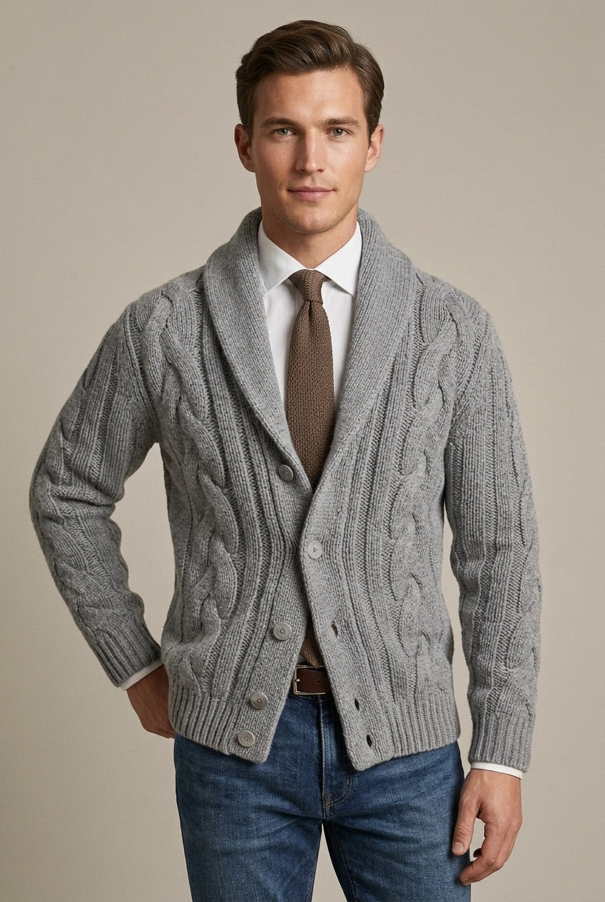 Men Cardigan | Shawl Collar Cable Knit Button-Front Regular Fit