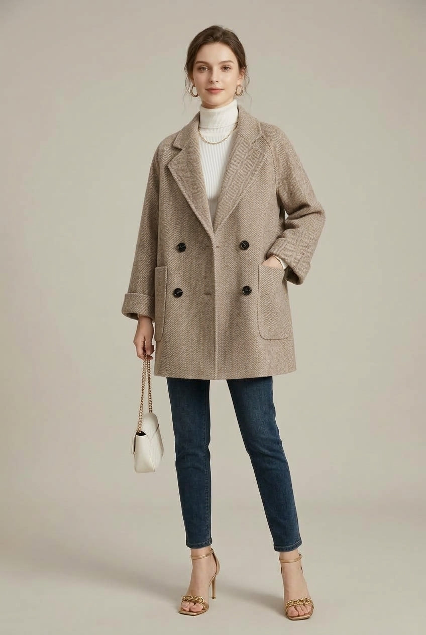 Women Coat | Double-Breasted Herringbone with Patch Pockets