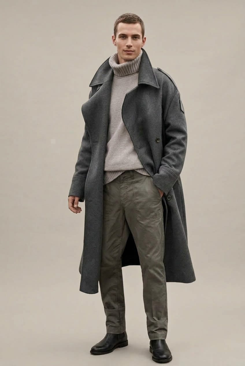 Men Coat | Double-Breasted Knee-Length with Notch Lapels