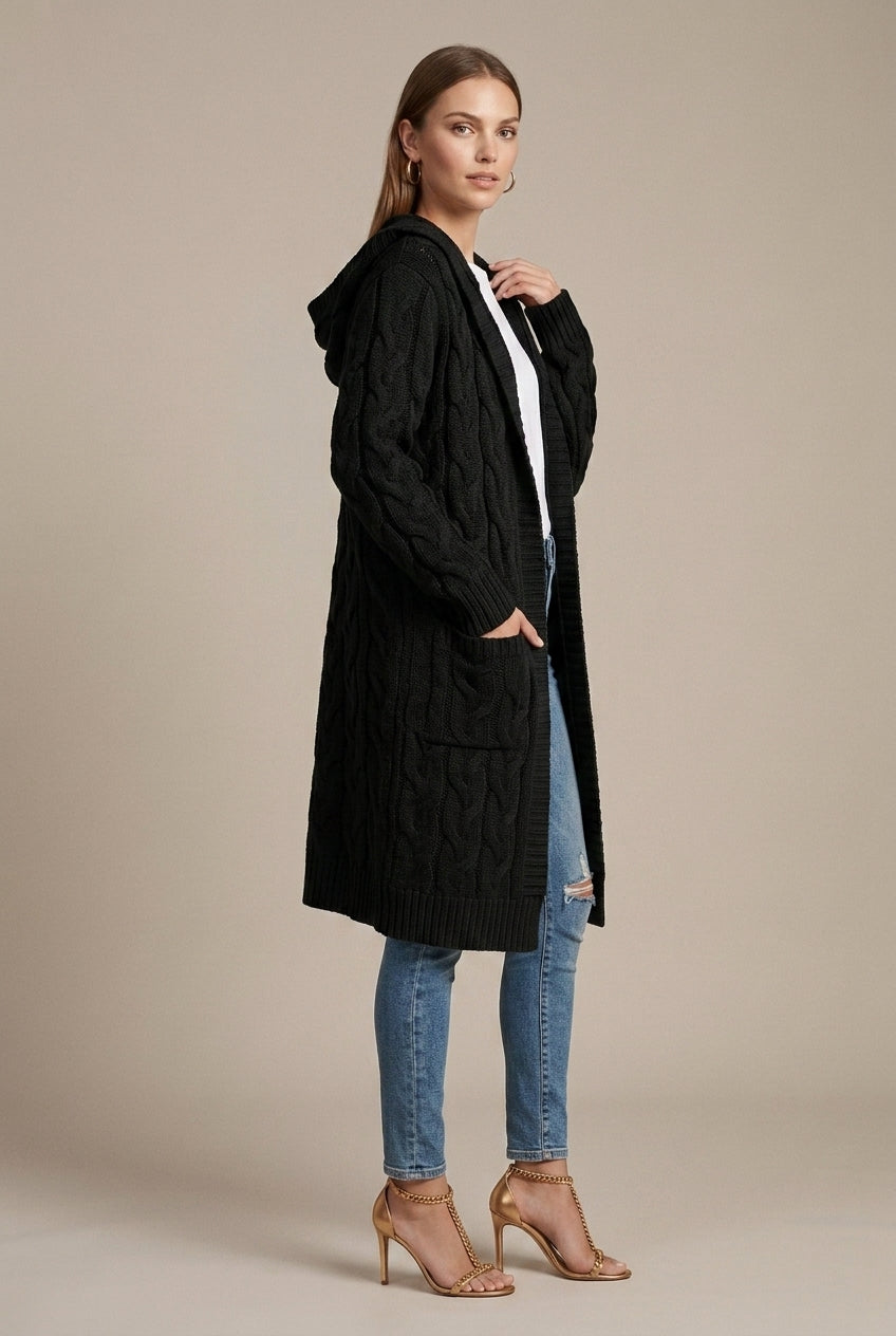 Women Cardigan | Cable Knit Hooded Open Front Long Length