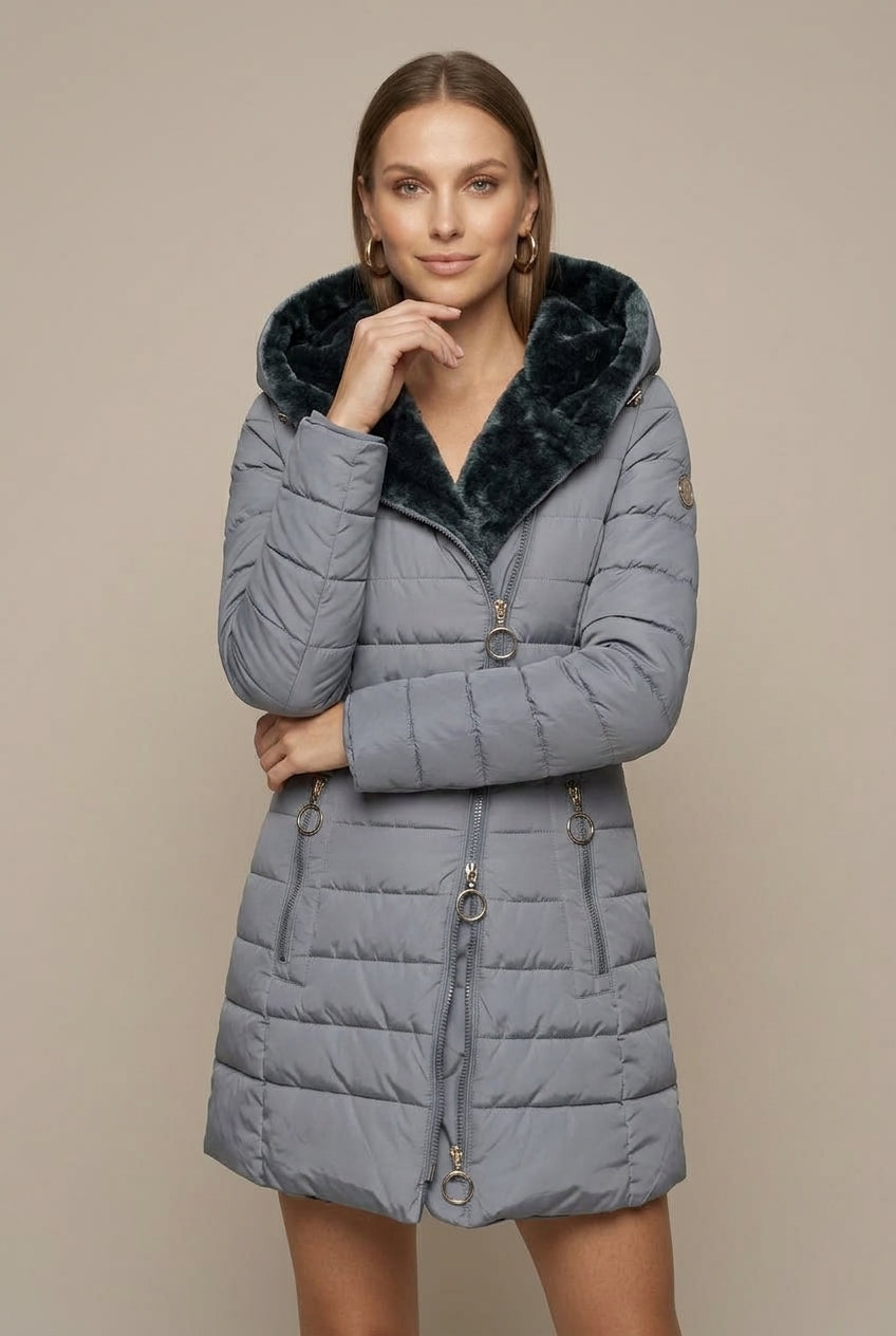 Women Puffer Jacket | Hooded Sherpa-Lined Mid-Length Zip