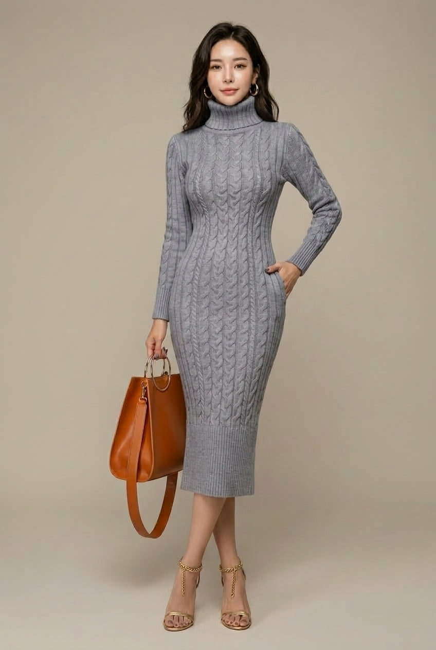 Women Dress | Cable Knit Turtleneck Bodycon Midi Length