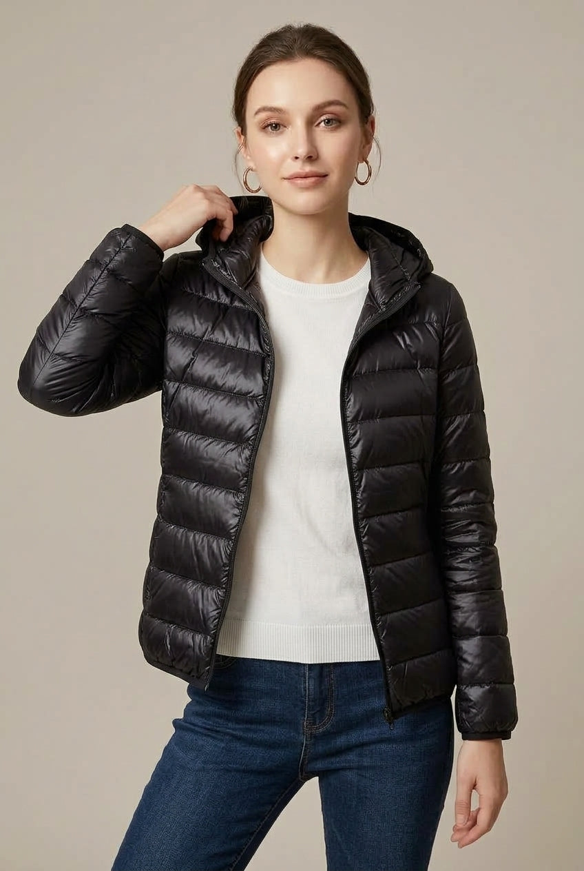 Women Puffer Jacket | Hooded Full-Zip with Quilted Channels