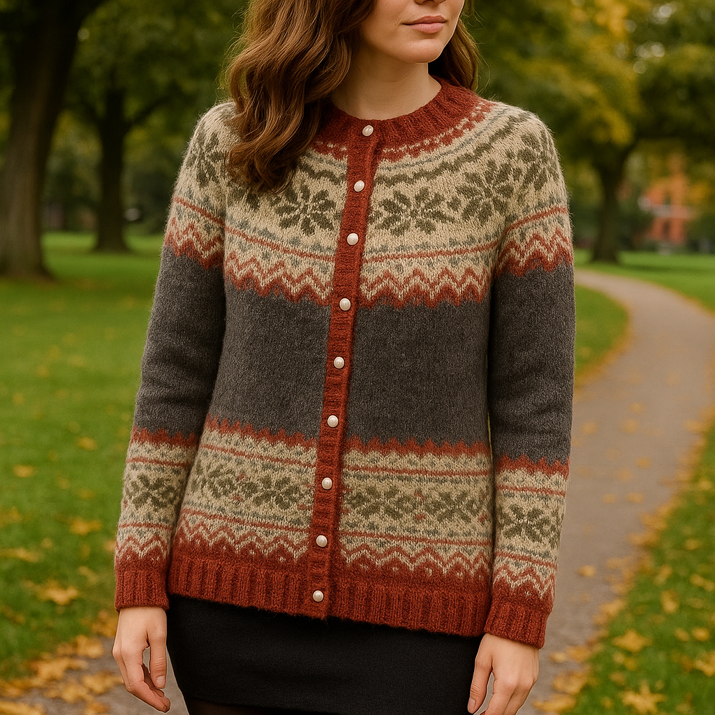 Women Cardigan | Norwegian Pattern Button Front Long Sleeve