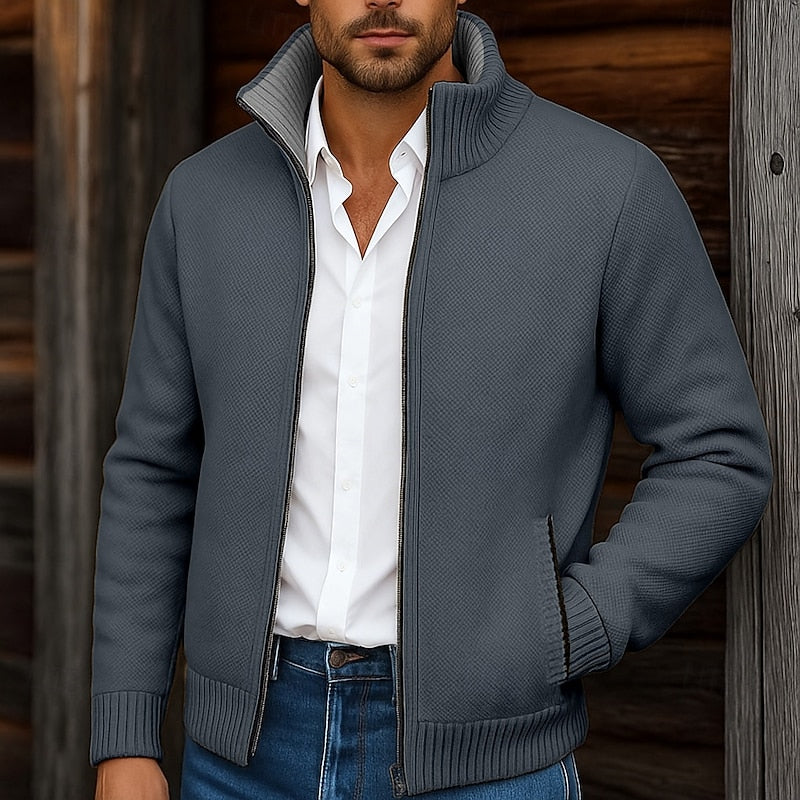 Men Cardigan | Full-Zip Stand Collar with Ribbed Trim