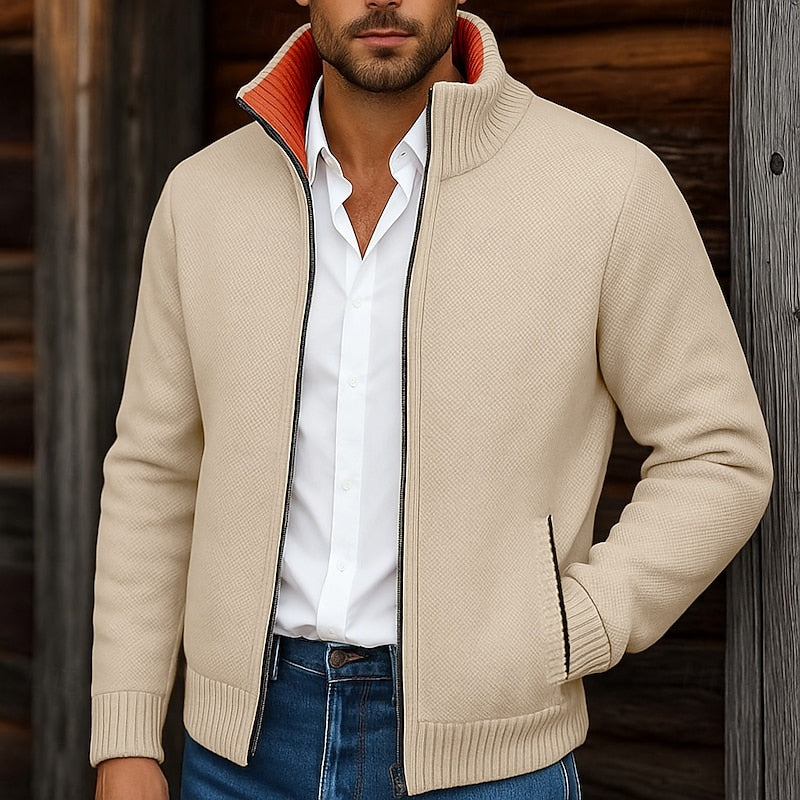 Men Cardigan | Full-Zip Stand Collar with Ribbed Trim
