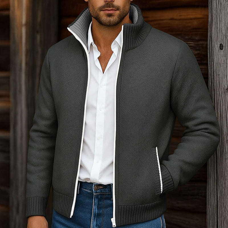 Men Cardigan | Full-Zip Stand Collar with Ribbed Trim