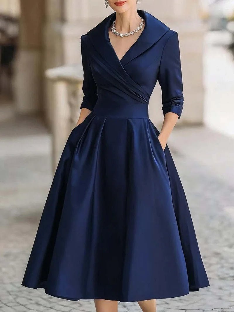 Women A - Line Dress Lapel Neck Pleated Waist Design - Evergreen Outfits - Women Midi Dress