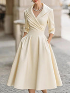 Women A - Line Dress Lapel Neck Pleated Waist Design - Evergreen Outfits - Women Midi Dress
