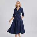 Women A - Line Dress Lapel Neck Pleated Waist Design - Evergreen Outfits - Women Midi Dress