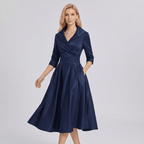 Women A - Line Dress Lapel Neck Pleated Waist Design - Evergreen Outfits - Women Midi Dress